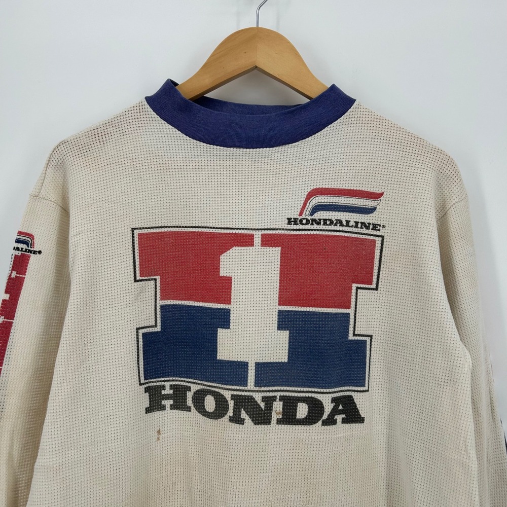 Vintage 80s Hondaline Honda Racing Jersey XL Waffle Knit Thermal Distressed USA